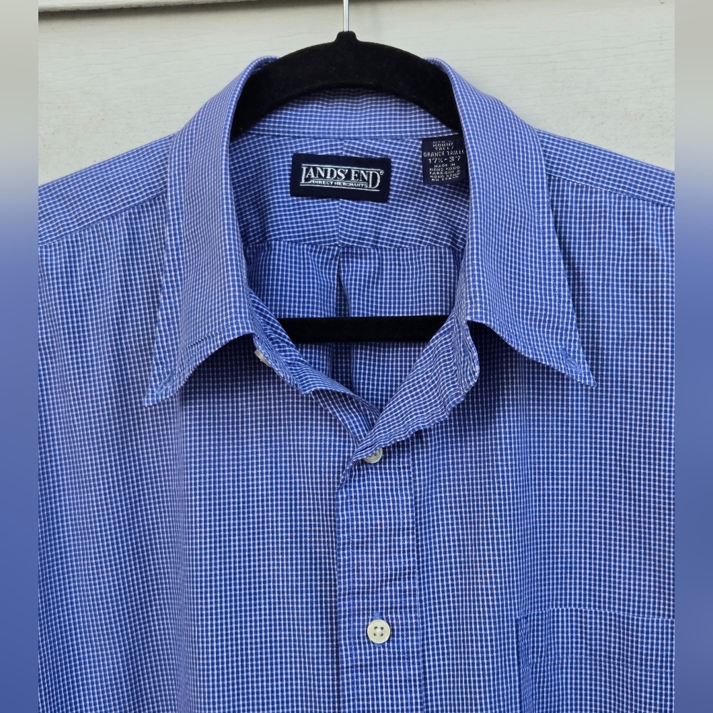 Lands' End Men's Blue  Shirt Sz 17 1/2 37 Long Sleeve Dress Blue White Striped